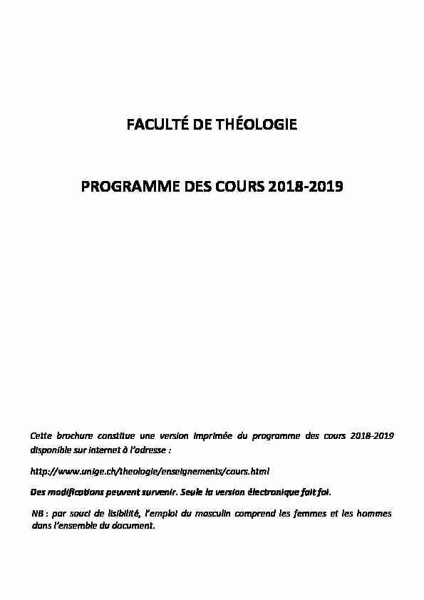 FACULTÉ DE THÉOLOGIE PROGRAMME DES COURS 2018-2019