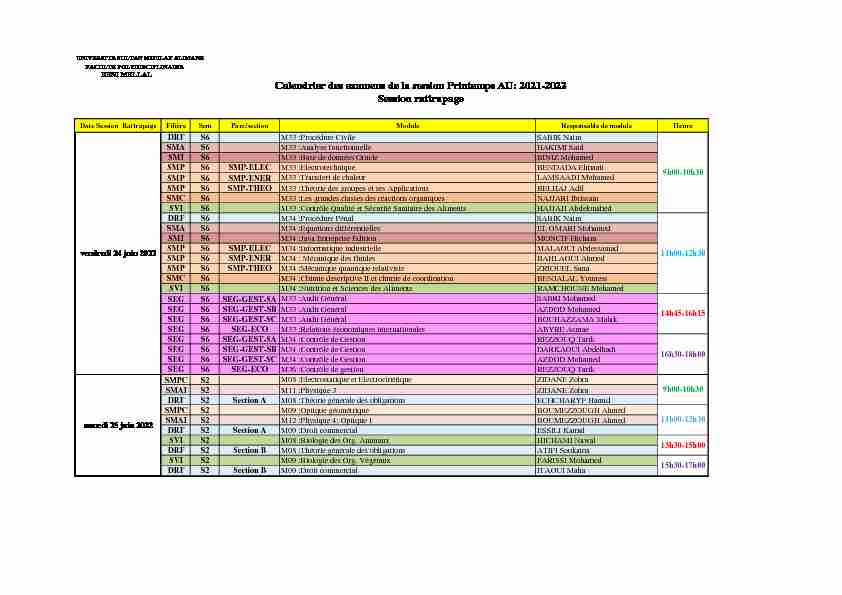 Calendrier des examens de la session Printemps AU: 2021-2022