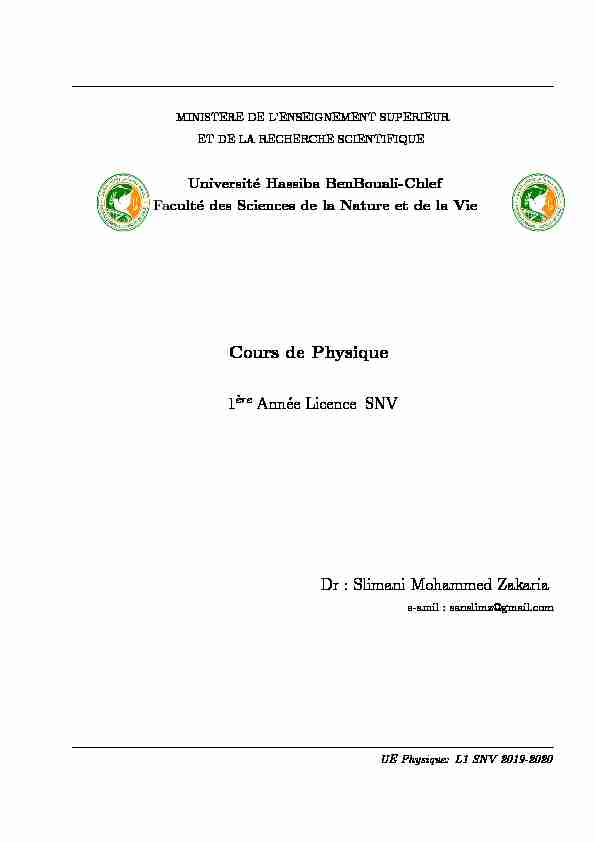 [PDF] Cours de Physique 1 Année Licence SNV Dr
