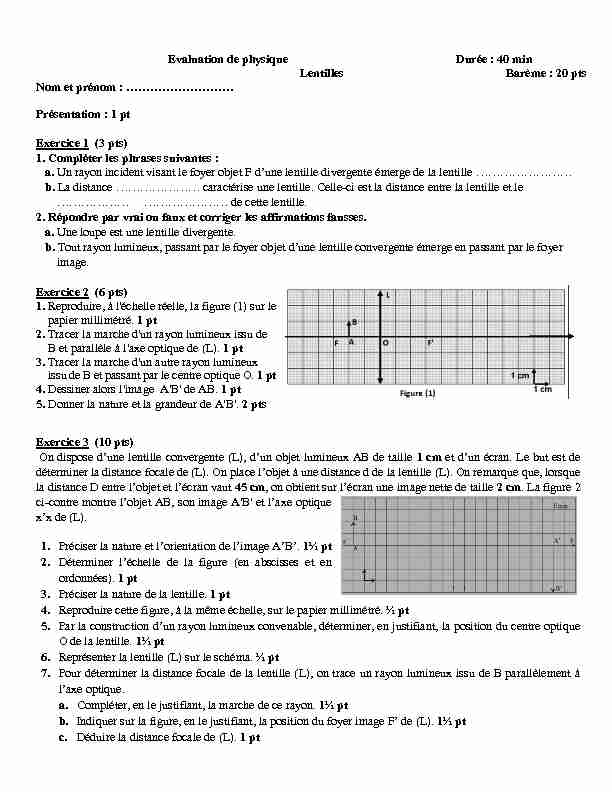 [PDF] Evaluation de physique Durée : 40 min Lentilles Barème : 20 pts