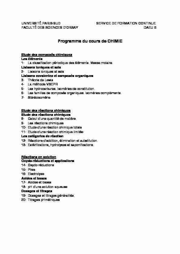 [PDF] Programme du cours de CHIMIE - Faculté des Sciences dOrsay