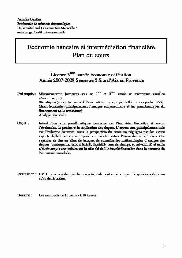 [PDF] Economie bancaire et intermédiation financière Plan du cours