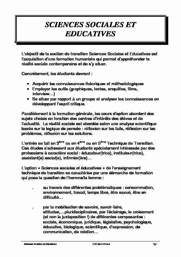 [PDF] SCIENCES SOCIALES ET EDUCATIVES - CES Saint-Vincent