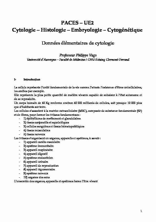 [PDF] PACES – UE2 Cytologie – Histologie – Embryologie – Cytogénétique