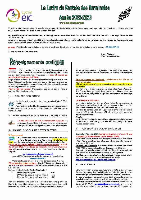 www.eic-tourcoing.fr 1- HORAIRES DES COURS 2- FOURNITURES