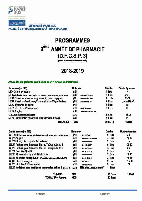 PROGRAMMES 3 ANNÉE DE PHARMACIE (D.F.G.S.P. 3) 2018-2019