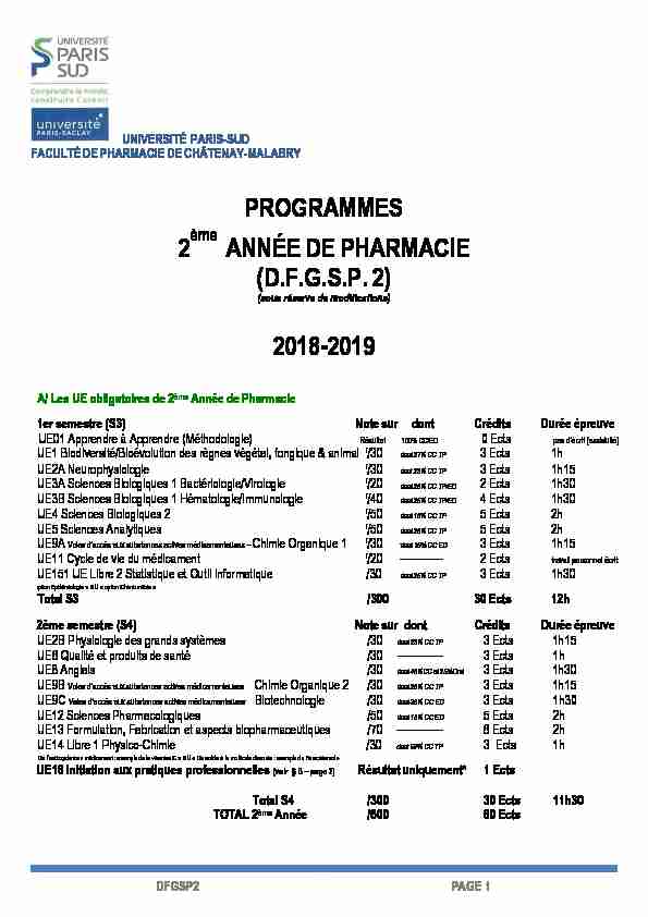 PROGRAMMES 2 ANNÉE DE PHARMACIE (D.F.G.S.P. 2) 2018-2019