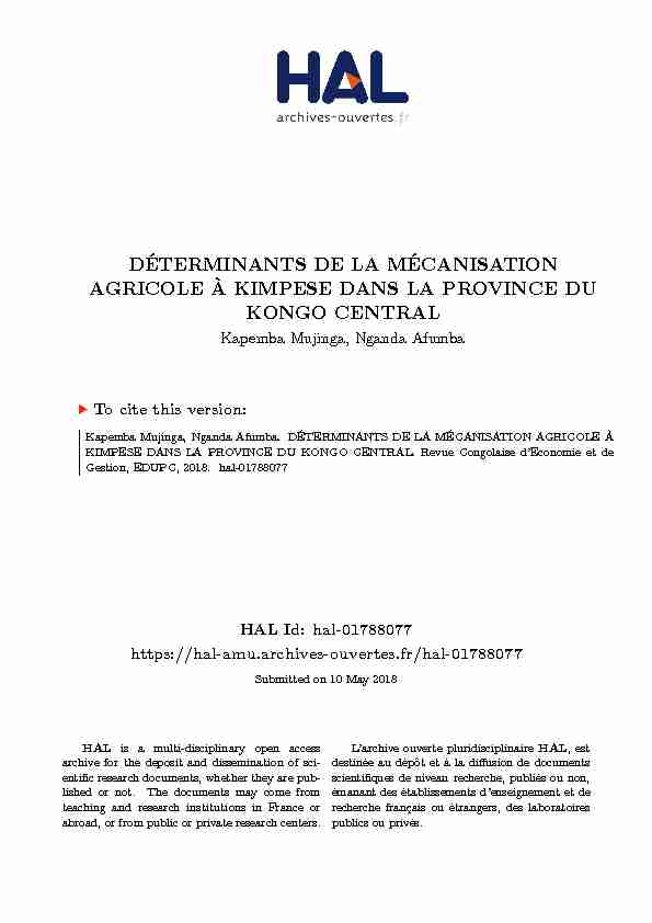 DÉTERMINANTS DE LA MÉCANISATION AGRICOLE À KIMPESE