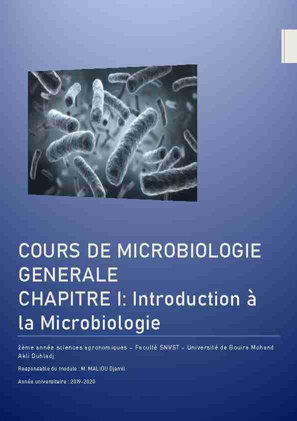 COURS DE MICROBIOLOGIE GENERALE CHAPITRE I