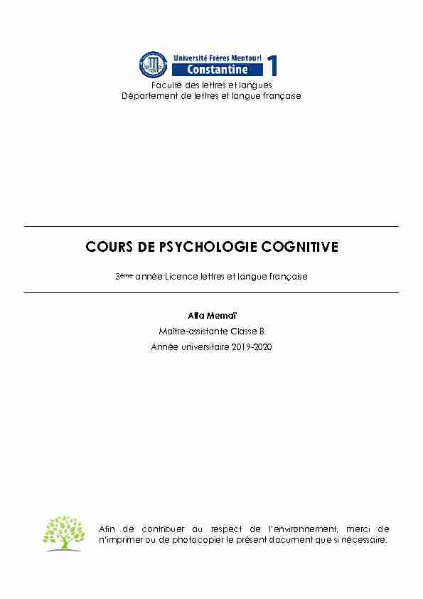 COURS DE PSYCHOLOGIE COGNITIVE