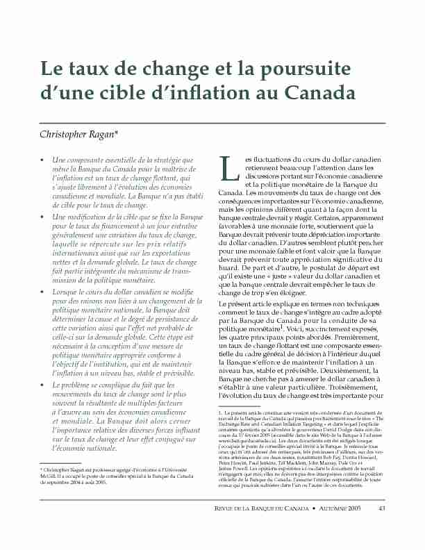 Le taux de change et la poursuite dune cible dinflation au Canada
