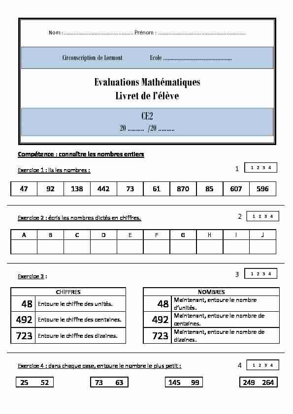 Evaluations Mathématiques Livret de lélève CE2