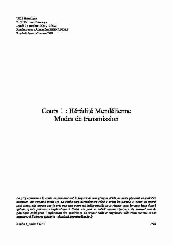 Cours 1 : Hérédité Mendélienne Modes de transmission - WEEBLY