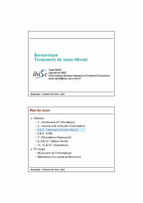 [PDF] Bureautique Traitement de texte (Word) - Laboratoire IBISC