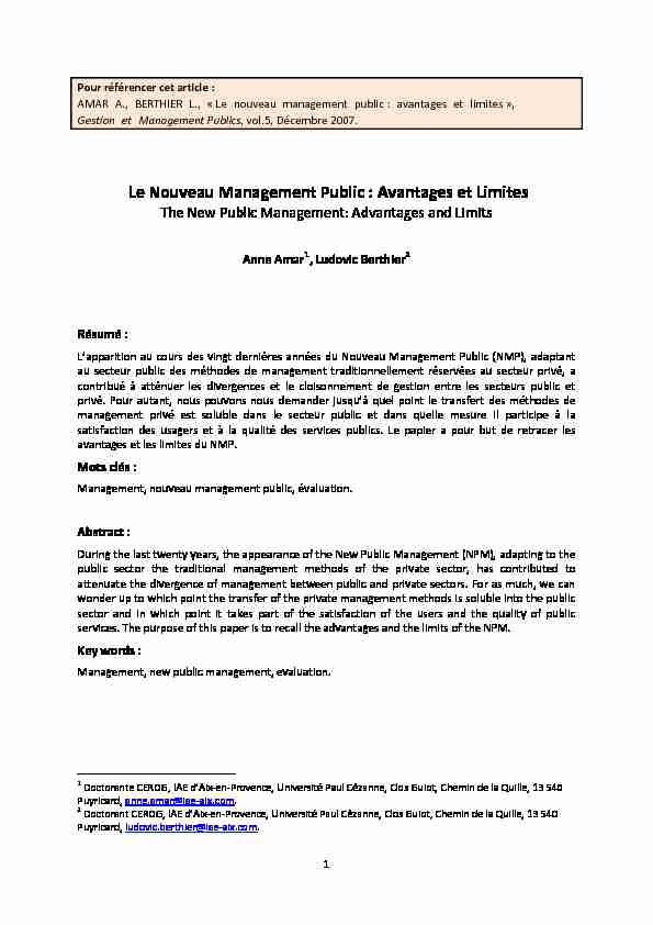 [PDF] Le Nouveau Management Public : Avantages et Limites - AIRMAP