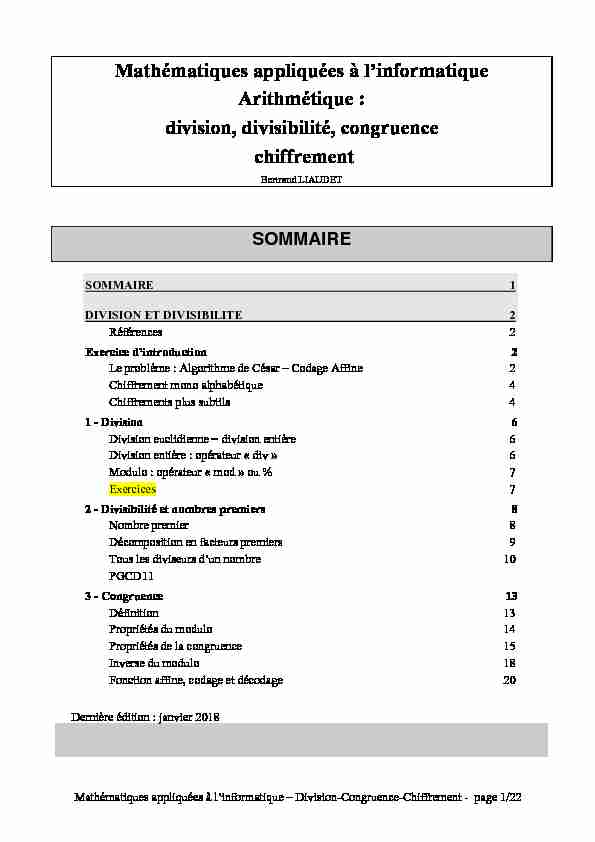 [PDF] division, divisibilité, congruence chiffrement - Site de Bertrand