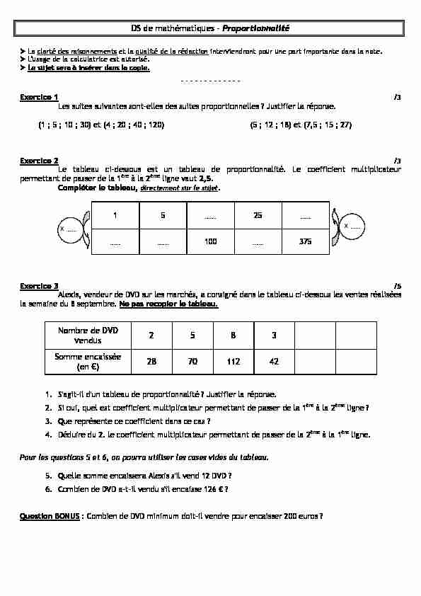 [PDF] DS de mathématiques – Proportionnalité Nombre de DVD vendus 2