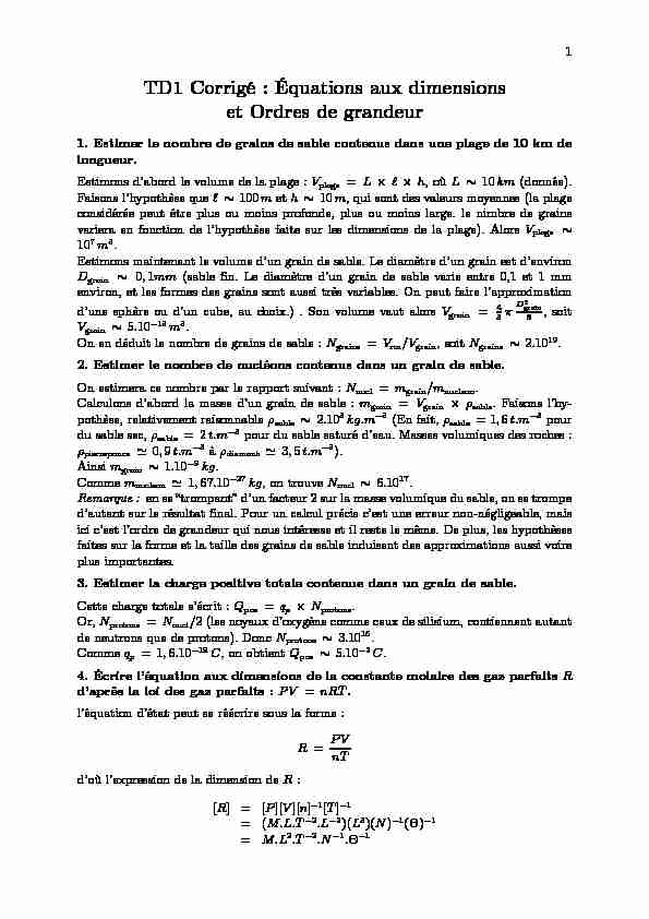 TD1 Corrigé : Équations aux dimensions et Ordres de grandeur
