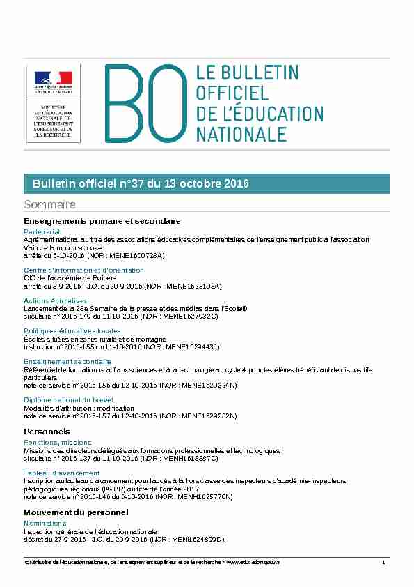 Bulletin officiel n°37 du 13 octobre 2016 Sommaire