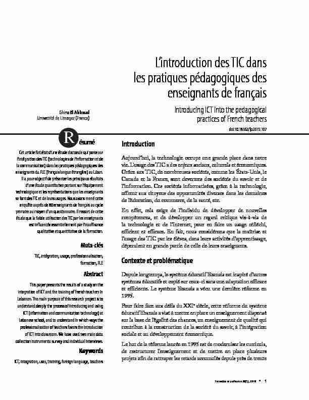 [PDF] Lintroduction des TIC dans les pratiques pédagogiques des