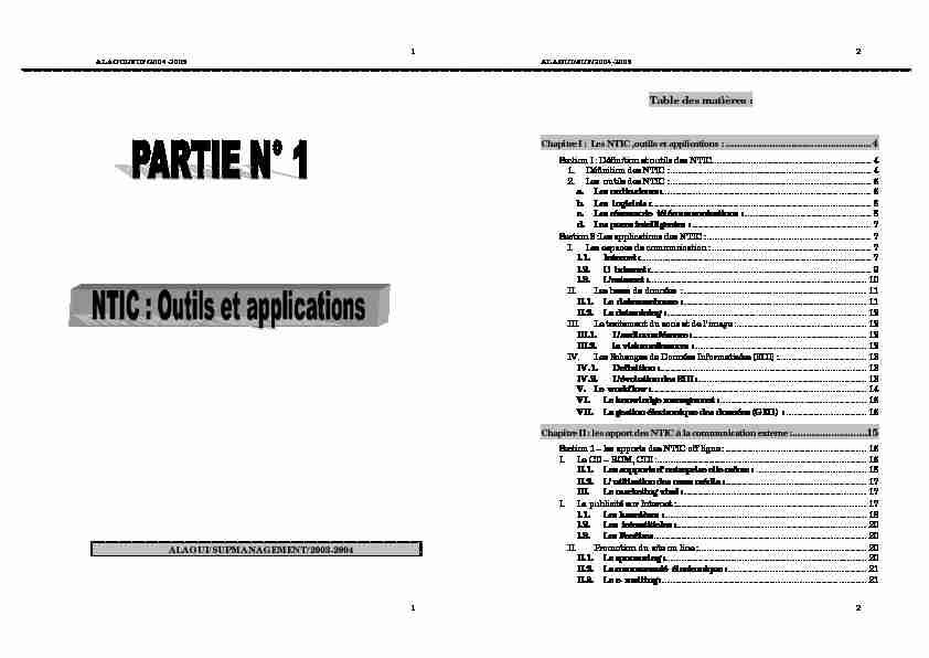 Table des matières : Chapitre I : Les NTIC outils et applications