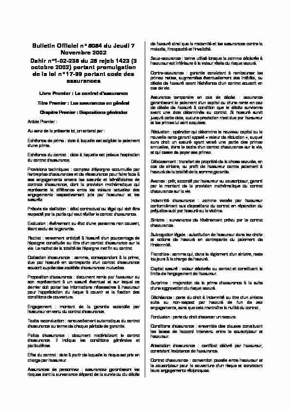 Maroc - Loi n°1999-17 portant Code des assurances promulgue le