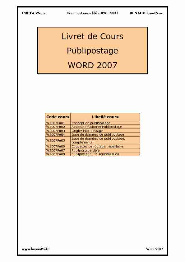 Livret de Cours Publipostage WORD 2007