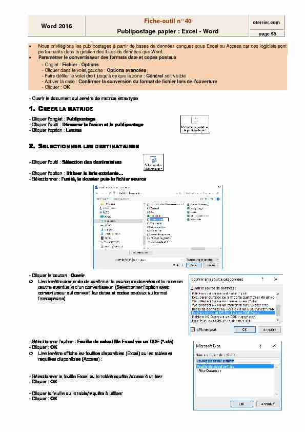 [PDF] Word 2016 Fiche-outil n° 40 Publipostage papier : Excel - cterriercom