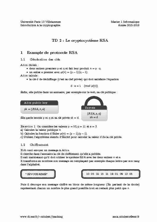 [PDF] TD 2 : Le cryptosyst`eme RSA 1 Example de protocole RSA - DI ENS