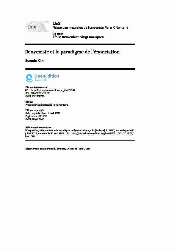 [PDF] Benveniste et le paradigme de lénonciation - OpenEdition Journals