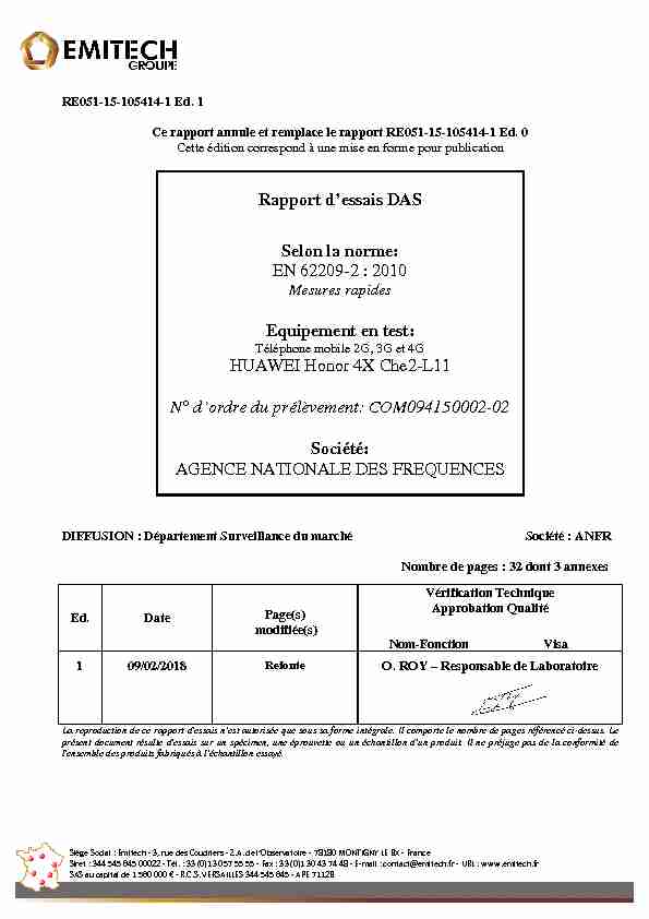 Rapport dessais DAS Selon la norme: EN 62209-2 : 2010