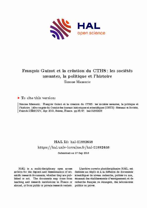 François Guizot et la création du CTHS: les sociétés savantes la