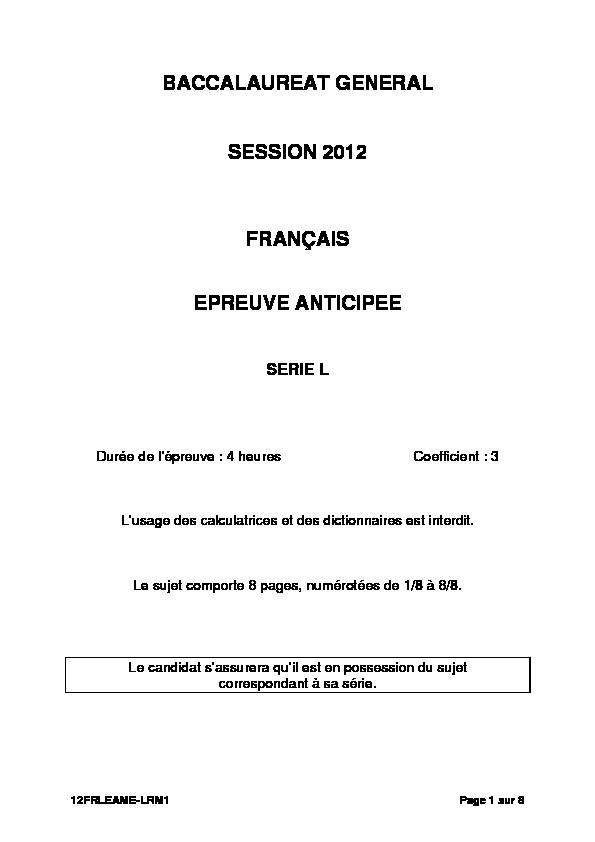 Sujet officiel complet du bac L Français (1ère) 2012 - Métropole