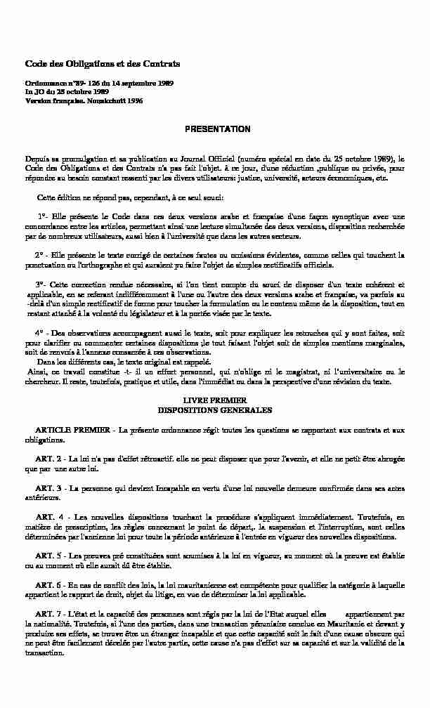 Code des Obligations et des Contrats - Ordonnance n°89
