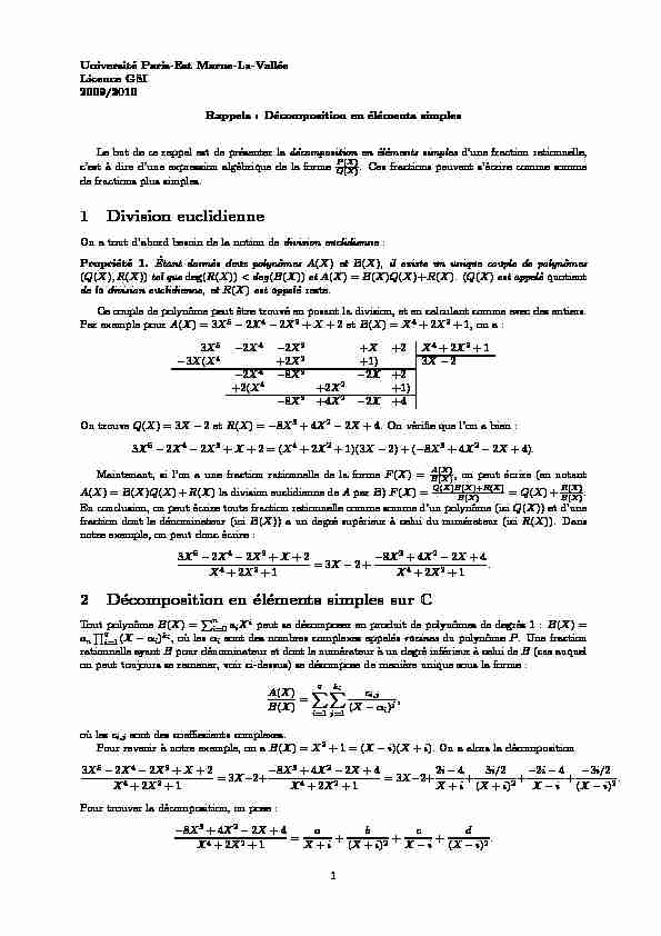 [PDF] 1 Division euclidienne 2 Décomposition en éléments simples sur C
