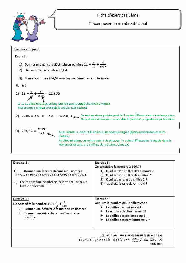 [PDF] Fiche dexercices 6ème Décomposer un nombre décimal - Math Legrix