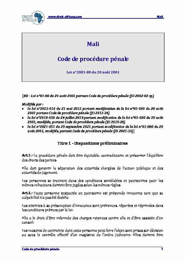 Mali - Code de procedure penale actualise 2013 (www.sgg-mali.ml)