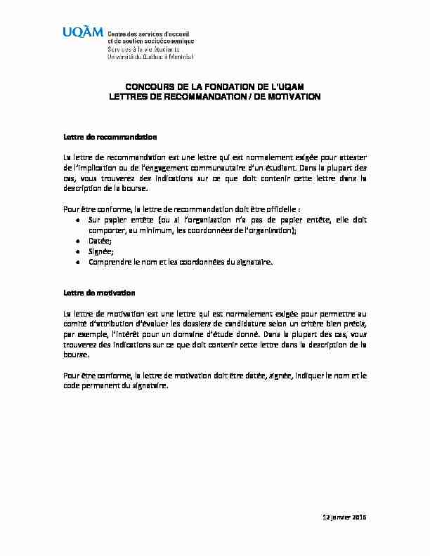CONCOURS DE LA FONDATION DE LUQAM LETTRES DE
