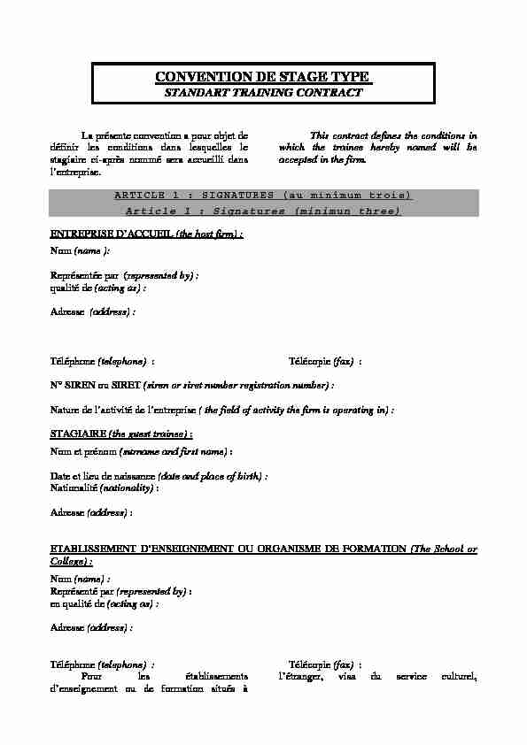 convention de stage type - standart training contract