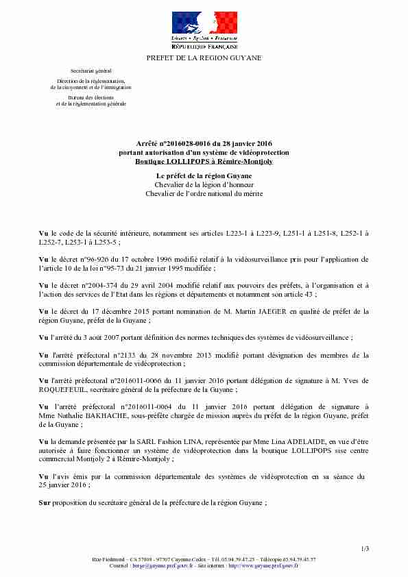 PREFET DE LA REGION GUYANE Arrêté n°2016028-0016 du 28