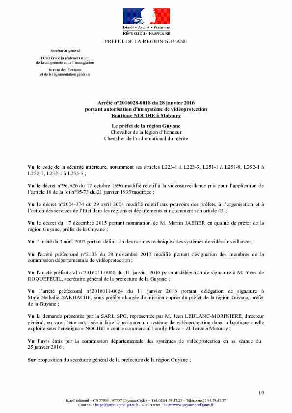 PREFET DE LA REGION GUYANE Arrêté n°2016028-0018 du 28