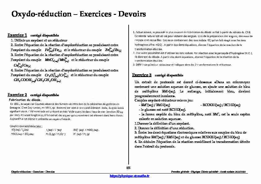 Première générale - Oxydo-réduction - Exercices - Devoirs