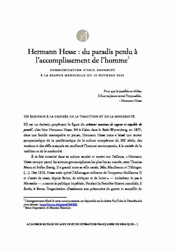 Hermann Hesse : du paradis perdu à laccomplissement de lhomme