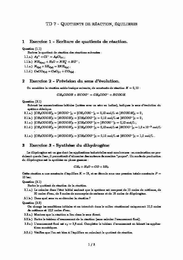 [PDF] TD 7 - Quotients de réaction équilibres 1 Exercice 1 - Pierre Adroguer