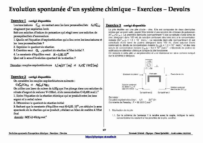 [PDF] Evolution spontanée dun système chimique - Exercices - Devoirs