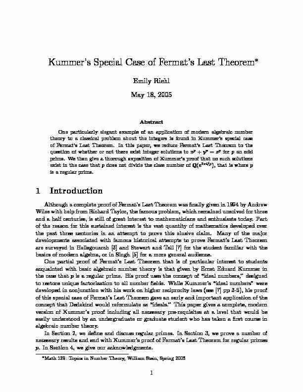 Kummers Special Case of Fermats Last Theorem
