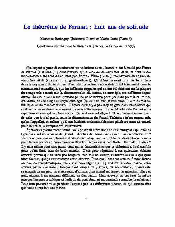 [PDF] Le théorème de Fermat : huit ans de solitude