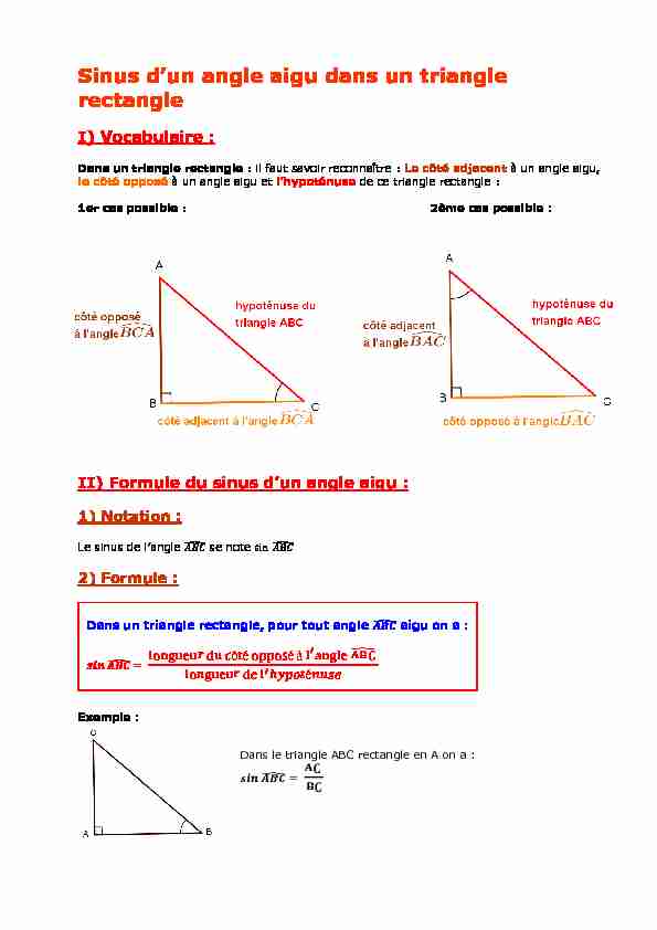 Sinus dun angle aigu dans un triangle rectangle