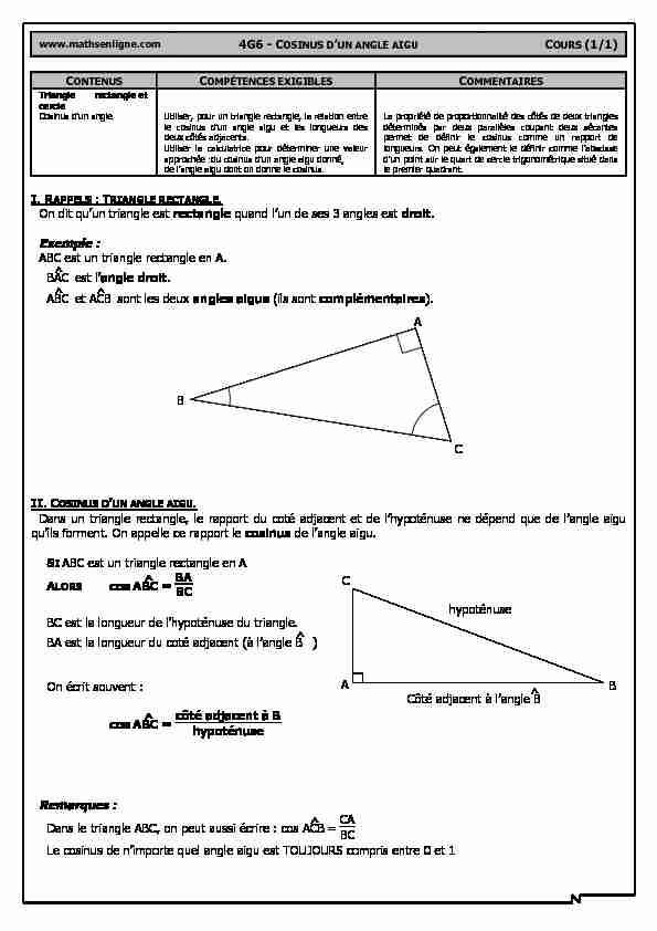4G6 - C A B C On dit quun triangle est rectangle quand lun de ses 3