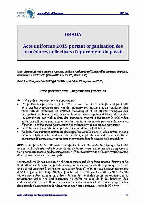 OHADA - Acte uniforme 2015 portant organisation des procedures